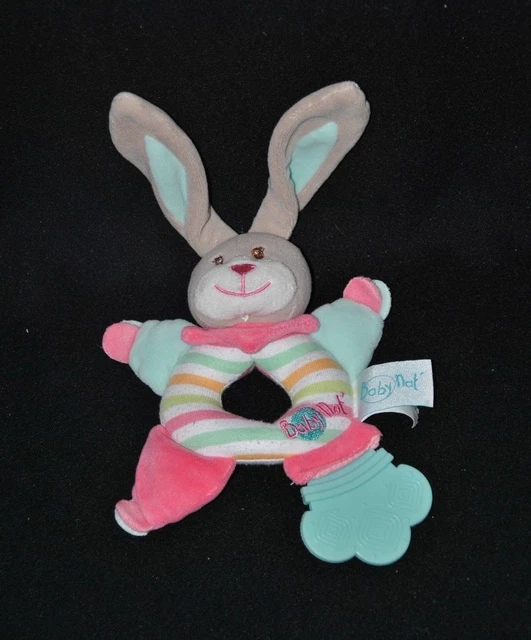 Peluche doudou lapin Stella BABY NAT' rose vert rond grelot dentition TTBE
