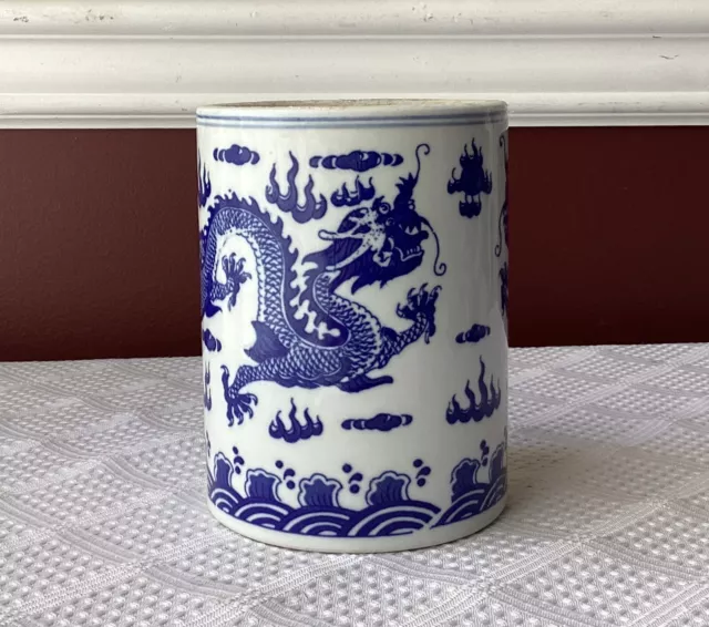 Antique/VTG Chinese Porcelain Brush Pot, Chinese Dragon Pot/ Vase, Qianlong Mark