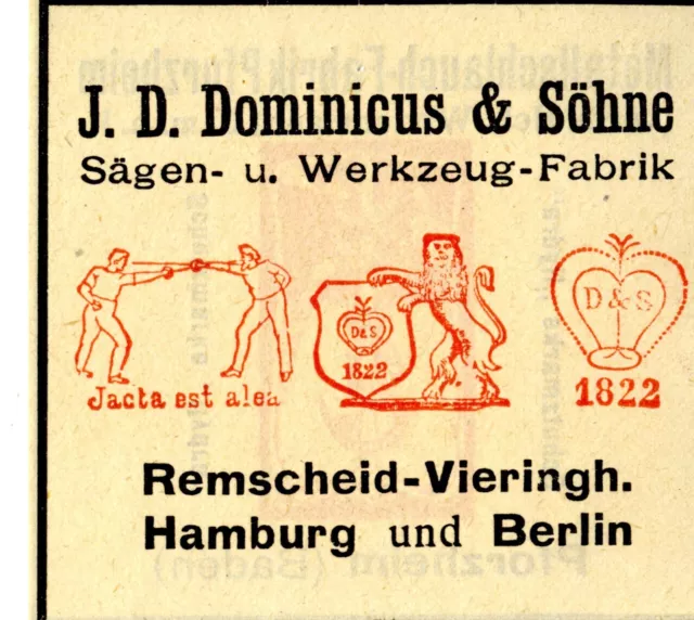 J.D. Dominicus & Söhne Remscheid SÄGEN-& WERKZEUG FABRIK Trademark 1908