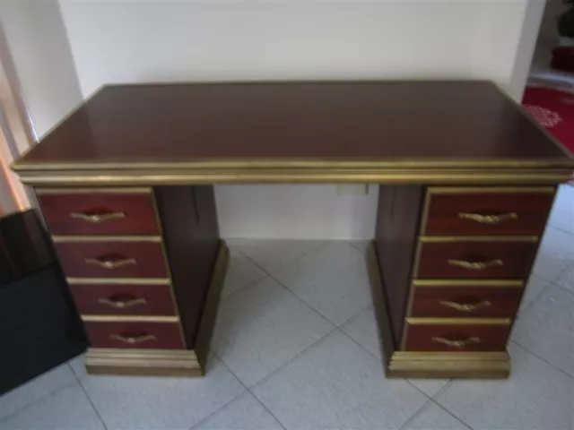 FURNITURE - Pedestal Desk 8 Drawers - Red Brown Wood & Gold Trim 137 x 64 x 78cm