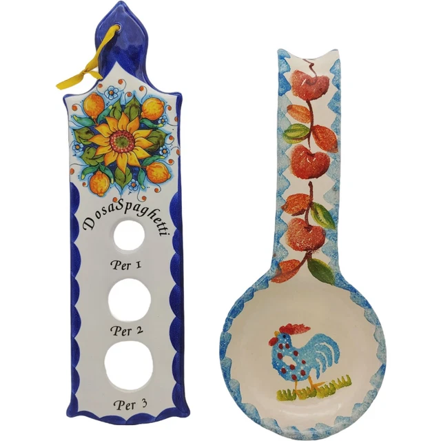 ITALY Spaghetti Measure & Hand Painted Spoon Rest - Sunflower Chicken Rooster