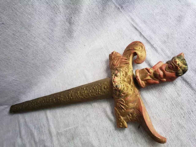 Antiker Indonesischer Keris 67cm Fu Hund/Löwe rot Holz gildet&Messing Indonesien