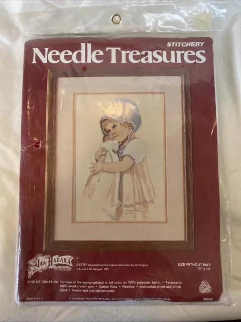 Kit de tesoros de aguja ""Betsy"" Jan Hagara crewel bordado sellado vintage 1979