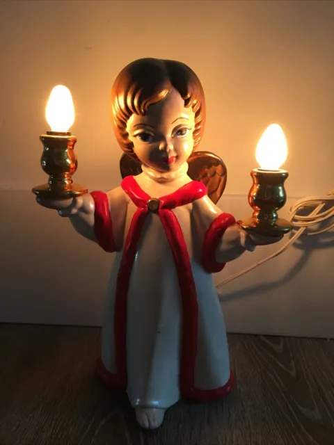 Vintage Ceramic Night Light Lamp Angle in White Red Nightgown 2 Lights Christmas