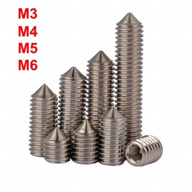 25pc M3/M4/M5/M6 Cone Point Grub Screw 3mm - 30mm Set Screw Hex Head Stainles