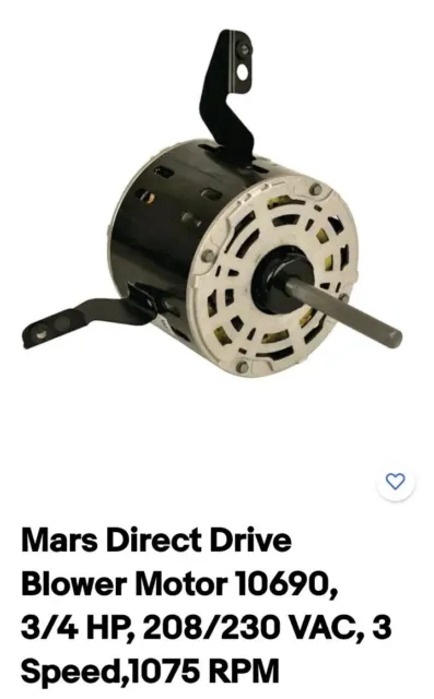 Mars Direct Drive Blower Motor 10690, 3/4 HP, 208/230 VAC, 3 Speed,1075 RPM