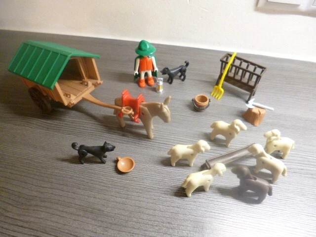 Lot Playmobil Vintage : Berger, Moutons Noir/marron, Charrette - Sets 3412, 3638 - Occasion
