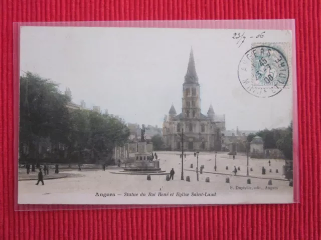 Cpa Written Angers King Rene Statue And Church Saint Laud Maine Et Loire