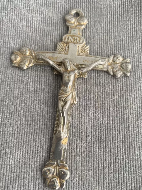 Antique French Missionary Cross Crucifix 19th Century Souvenir Silver Metal Rare