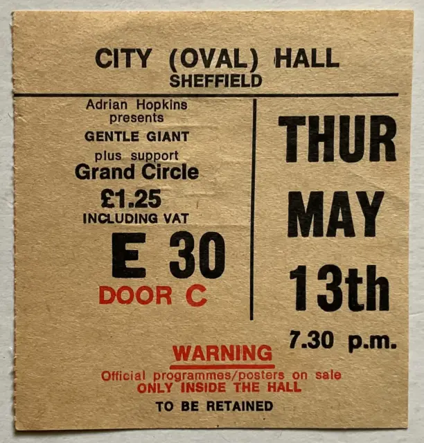 Gentle Giant Original Used Concert Ticket City Hall Sheffield 13th May 1976