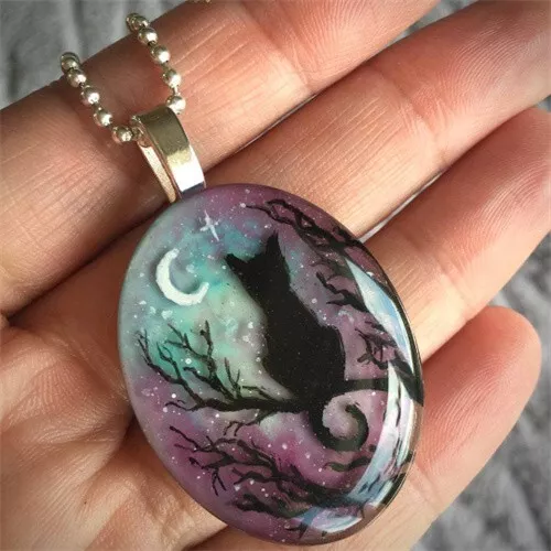 51x32x7mm Black Purple Green Enamel Glass Cat Pendant Necklace 17.5" EH946