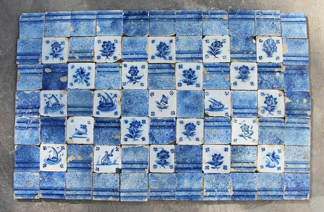 18th Century Antique Tile Mural Blue & White Spongeware with Figures, Portuguese
