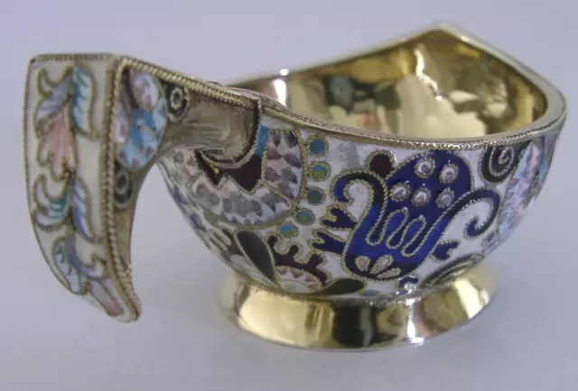 Beautiful Russian 84 Solid Silver Gilt Enamel Kovsh Cup