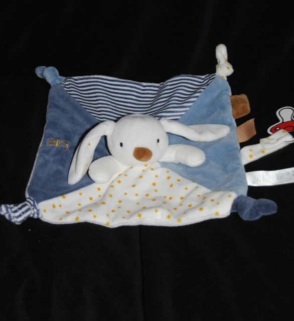Doudou plat lapin rayé bleu OBAIBI OKAIDI étoiles jaune attache tétine Etat NEUF