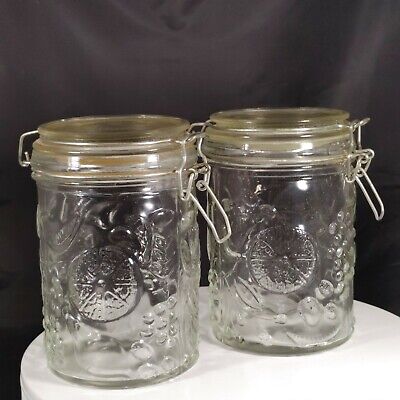 Pair of Vintage Fruit Embossed Pressed Clear Glass Canisters w Latch Lid 5-3/4"