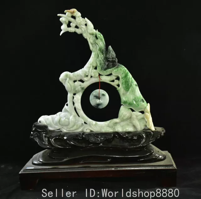 13.8" Old Chinese hetian jade emerald carving flower bird statue pedestal suit