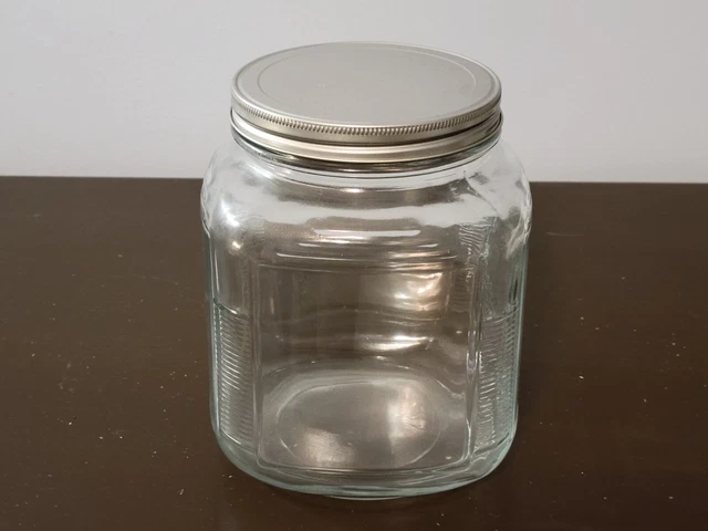 Vintage Kitchen Cabinet Hoosier Ribbed Glass Jar Canister w/ Lid U.S.A. PSJ
