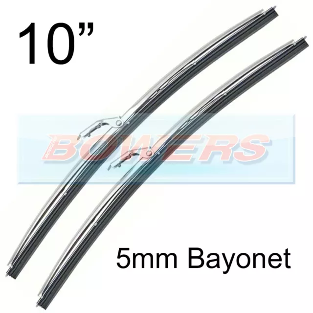 PAIR OF 10" INCH STAINLESS STEEL CLASSIC CAR WIPER BLADES 5mm BAYONET FITTING