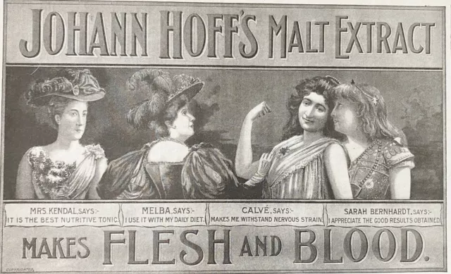 1898 JOHANN HOFF'S Vtg Quackery Print Ad~Madge Kendal,Emma Calve,Sarah Bernhardt