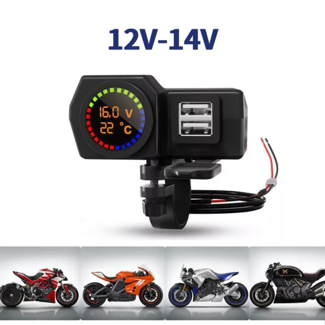 Motorcycle Handlebar Socket Dual USB Phone Charger Display Voltage & Temperature