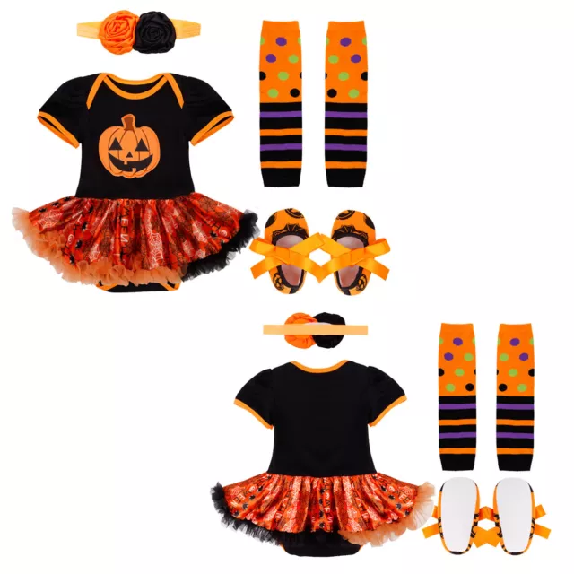 Baby Girls Pumpkin Romper Outfits Costume Halloween Dress Infant Gifts Set 4Pcs