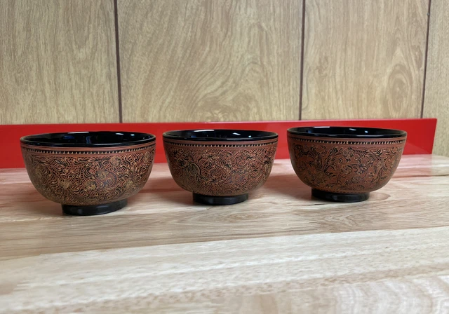 SET OF 3 Burmese Lacquer Bowls Cups Hand Painted Lacquerware Asian Myanmar