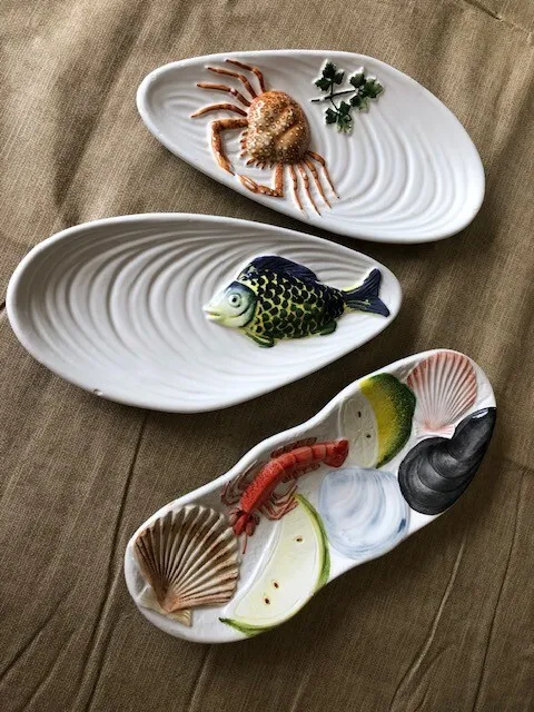 Italian Majolica Crab Shell Fish Ceramic Pottery X 3 Dish Hand Painted Italy