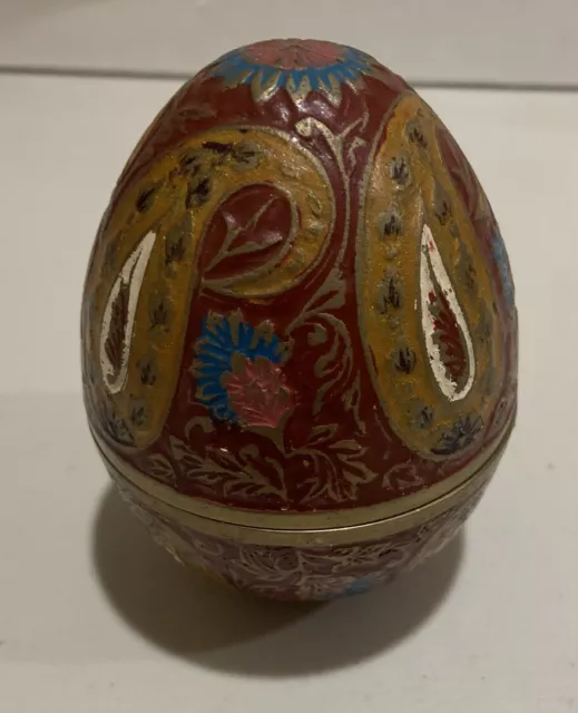 VTG Egg Shaped Multicolored Enamel Brass Floral Design Trinket Made in India