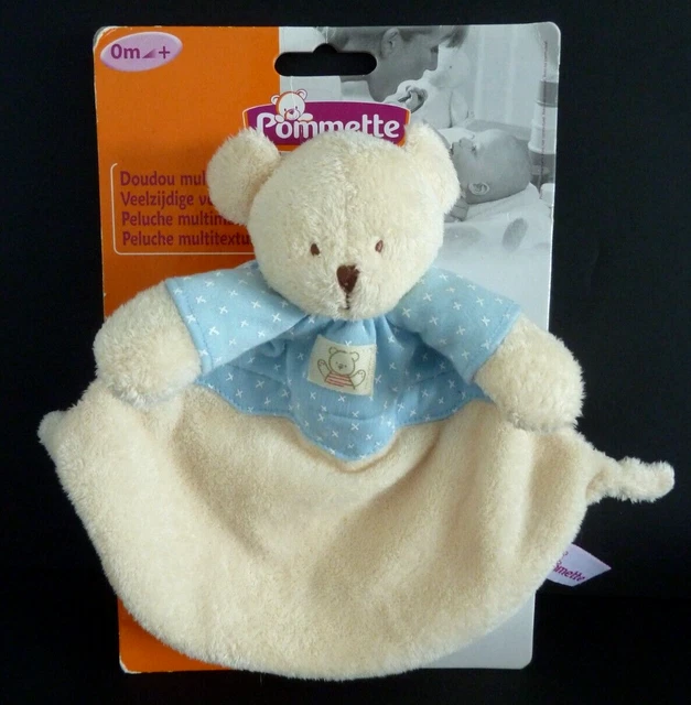 84. Doudou Plat Pommette Intermarche Ours Ecru Bleu Etoiles Grelot  100% Neuf