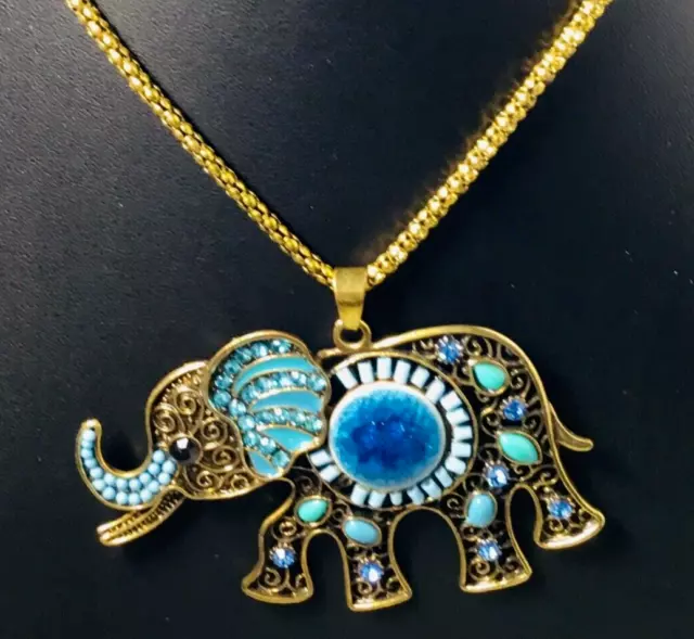 Elephant 16" Pendant Bronze Tone Necklace Marching Trunk Up Blue Beads Safari