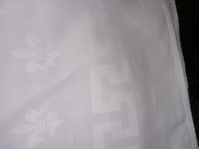 #TS   Vintage White Double Damask Linen Tablecloth FLEUR DE LIS 70x72"