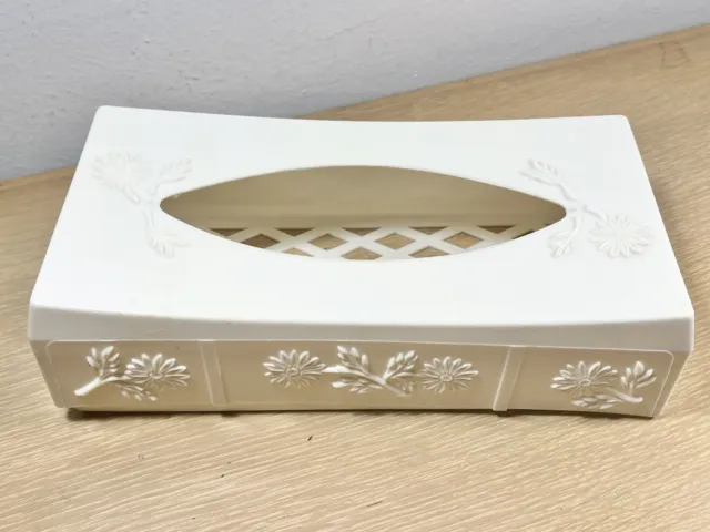 Vintage Creamy White Tissue Box w/Flower Embellishments - Shabby Chic Retro