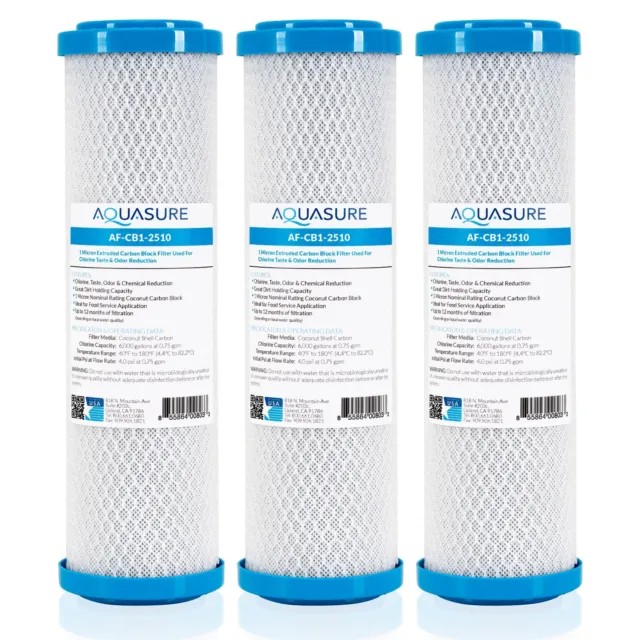 Aquasure Pioneer 1 Micron Coconut Shell Carbon Block Water Filter 10" (3X)