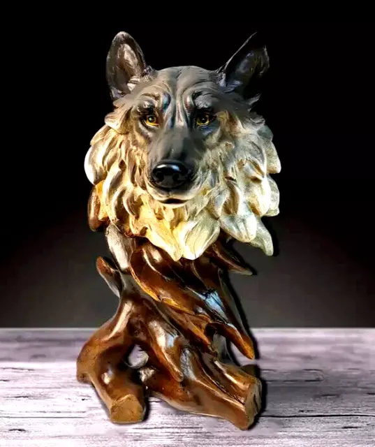 NEW Frightening Grey Brown Yellow Wolf Head Bust Resin Figurine Sculpture 11hx6w