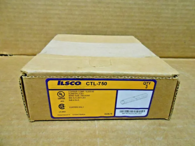 Box Of 3 Nib Ilsco Ctl-750 Copper Compression Sleeve 750 Kcmil (2 Boxes Avail)