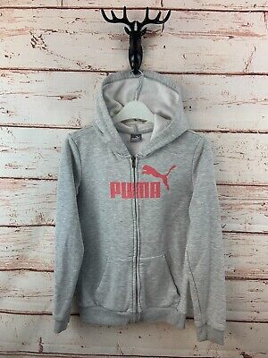 Puma Girls Hoodie 13-14 Years Grey Pink Cotton Full Zip Casual Spellout Logo