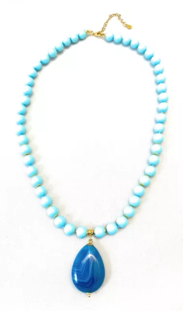 Collier Pâte Turquoise Argent Sterling Pendentif Goutte Agate Bleu Strié