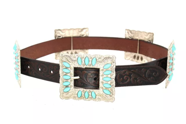 Western Lady Belt Big Concho Turquoise Silver Coffee Genuine Leather Pant Size38 3