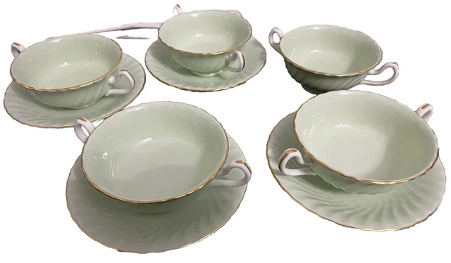 Minton Tiffany Green England Coffee Soup Saucer Tea Set Bouillon Rare Color Mint