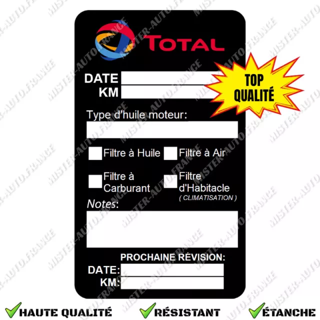 Autocollant Entretien Voiture Total ★Changement Huile Filtre Étiquette Etanche