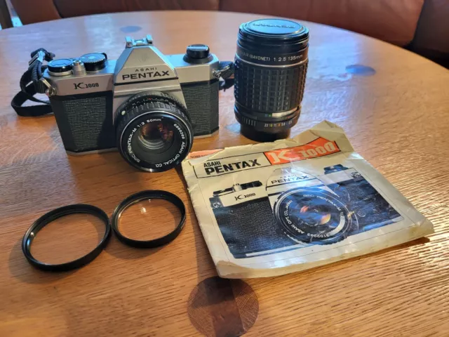 Asahi Pentax K1000 Vintage 35mm Film Camera + 2 Lenses Manual Film Tested!