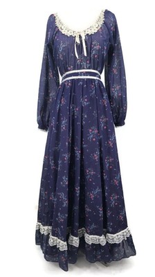 Vintage Gunne Sax by Jessica Maxi Dress Womens 9 Navy Blue Floral Long Sleeve