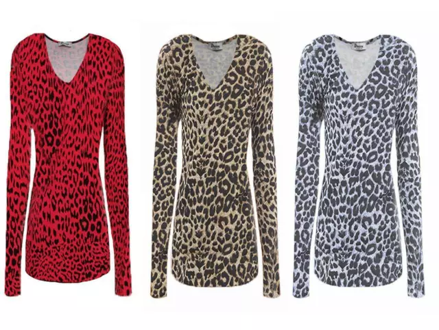 Da Donna Manica Lunga Animale Leopardato Top Scollo V T-Shirt Taglia UK 8-24