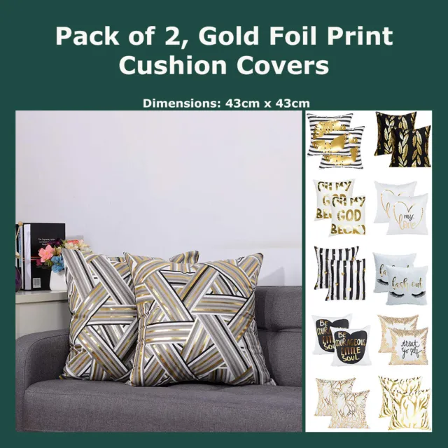 Pack of 2 Gold Foil Print Cushion Cover Geometric Black White Velvet Pillow Case