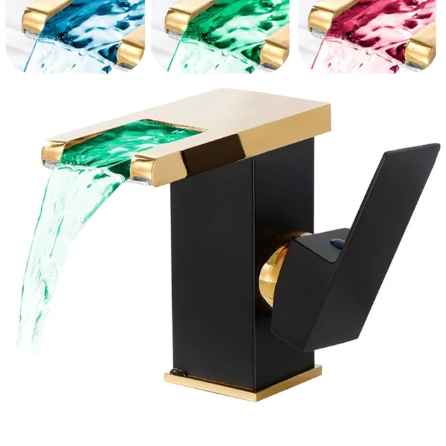 Black&Gold LED Bathroom Faucet 3 Colors Changing Waterfall Spout Single Handle