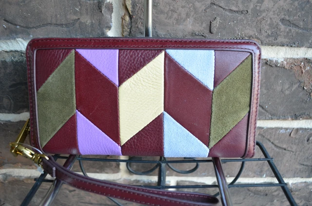 NWT $100 Fossil RFID Zip Around Logan Patchwork Leather Wallet Clutch burgundy