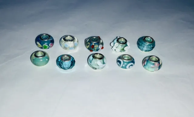 10 Mixed BLUE Hand Made GLASS European Large Hole BEADS Jewellery Making A2