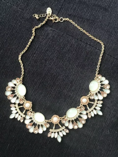 Statement necklace Gold Tone Mint Green Tan Rhinestones Pearl Charming Charlie
