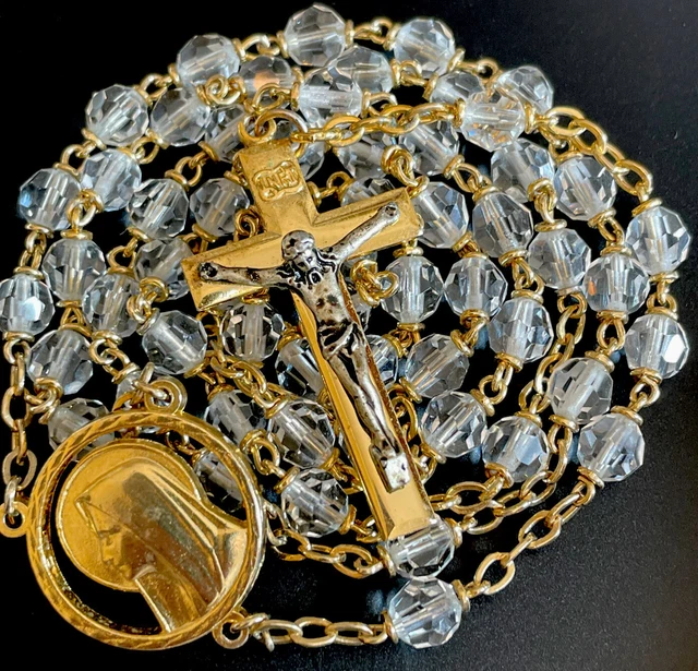 Catholic  Crystal Rosary, Lourdes Center,  Gold Tone Crucifix Italy