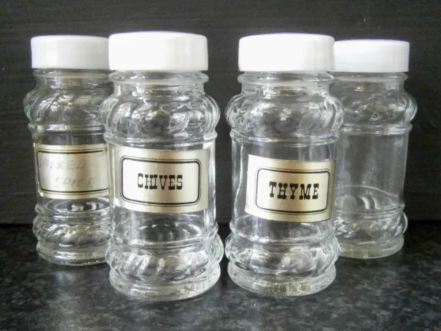 4x VINTAGE GLASS SPICE JARS (FOR RACKS) with PLASTIC LIDS / SHAKER INSERTS